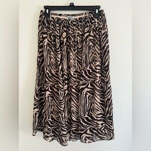 WD.NY Pleated Animal Print Chiffon Midi Skirt Brown Beige S Drawstring